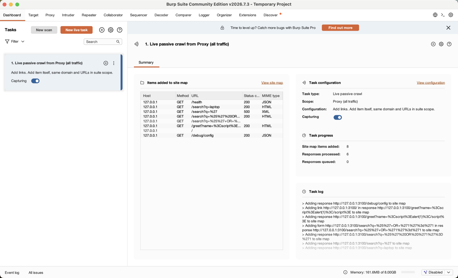 Burp Suite Community Dashboard showing a live passive crawl site map of the Range — /health, /search, /greet and /debug/config — with the single-quote injection probe recorded as a 500
