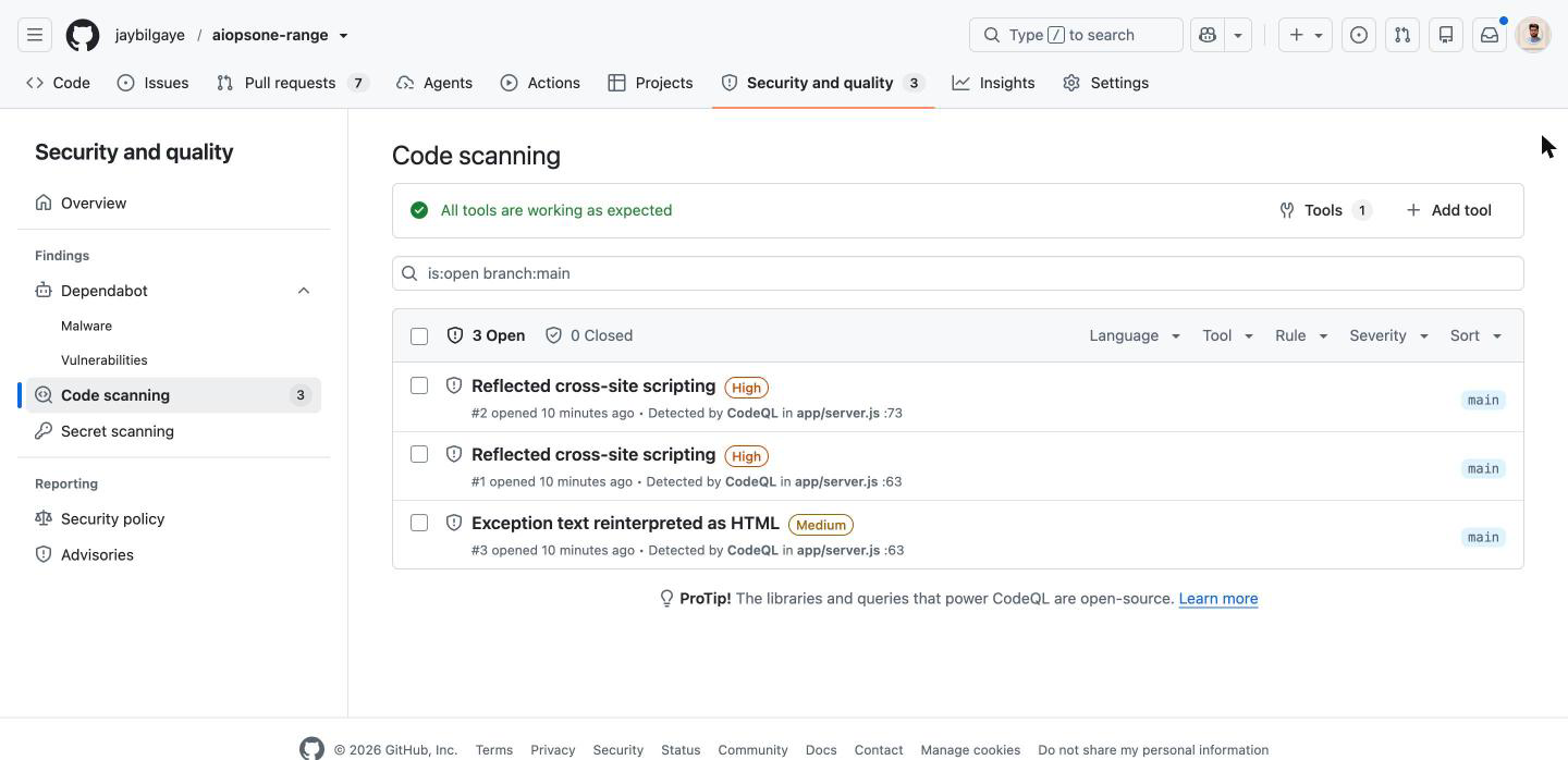GitHub Security tab for the Range showing three open CodeQL code-scanning alerts — two High reflected cross-site scripting at server.js:73 and :63, and one Medium 