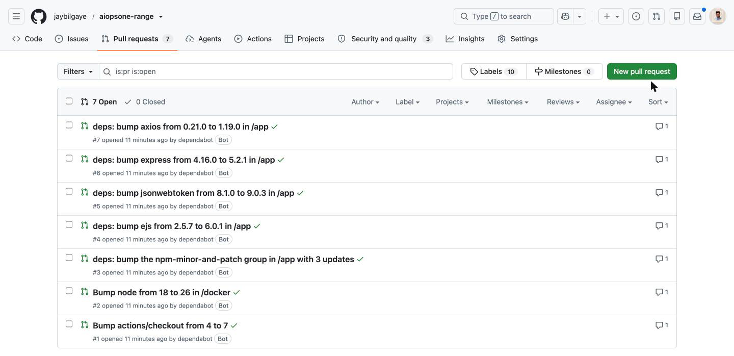 GitHub pull requests tab for the Range showing seven open Dependabot PRs — axios, express, jsonwebtoken and ejs majors in /app, a grouped npm-minor-and-patch PR, node 18 to 26 in /docker, and actions/checkout 4 to 7 — each opened by dependabot