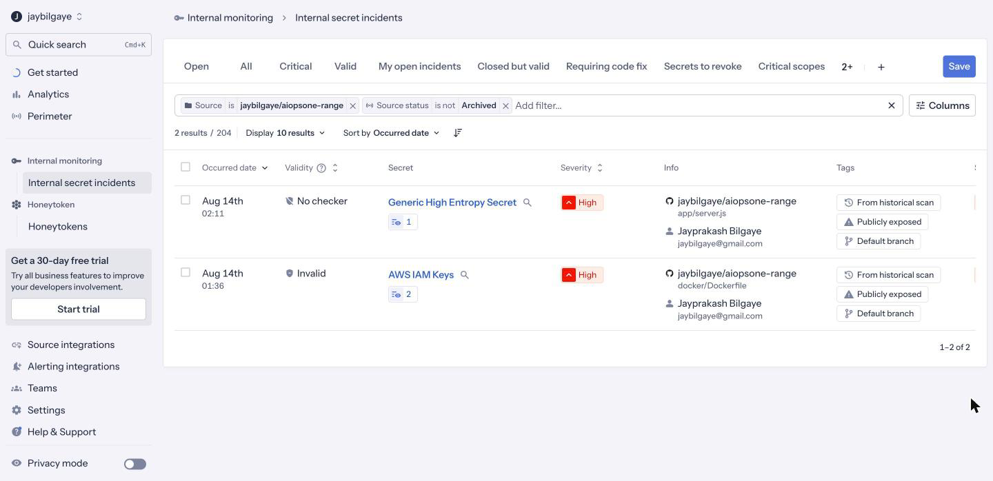 The GitGuardian incident dashboard filtered to the Range, showing two open High-severity incidents — an AWS IAM Keys finding marked Invalid with two occurrences, and a Generic High Entropy Secret in app/server.js — both tagged Publicly exposed and From historical scan, each attributed to a committer