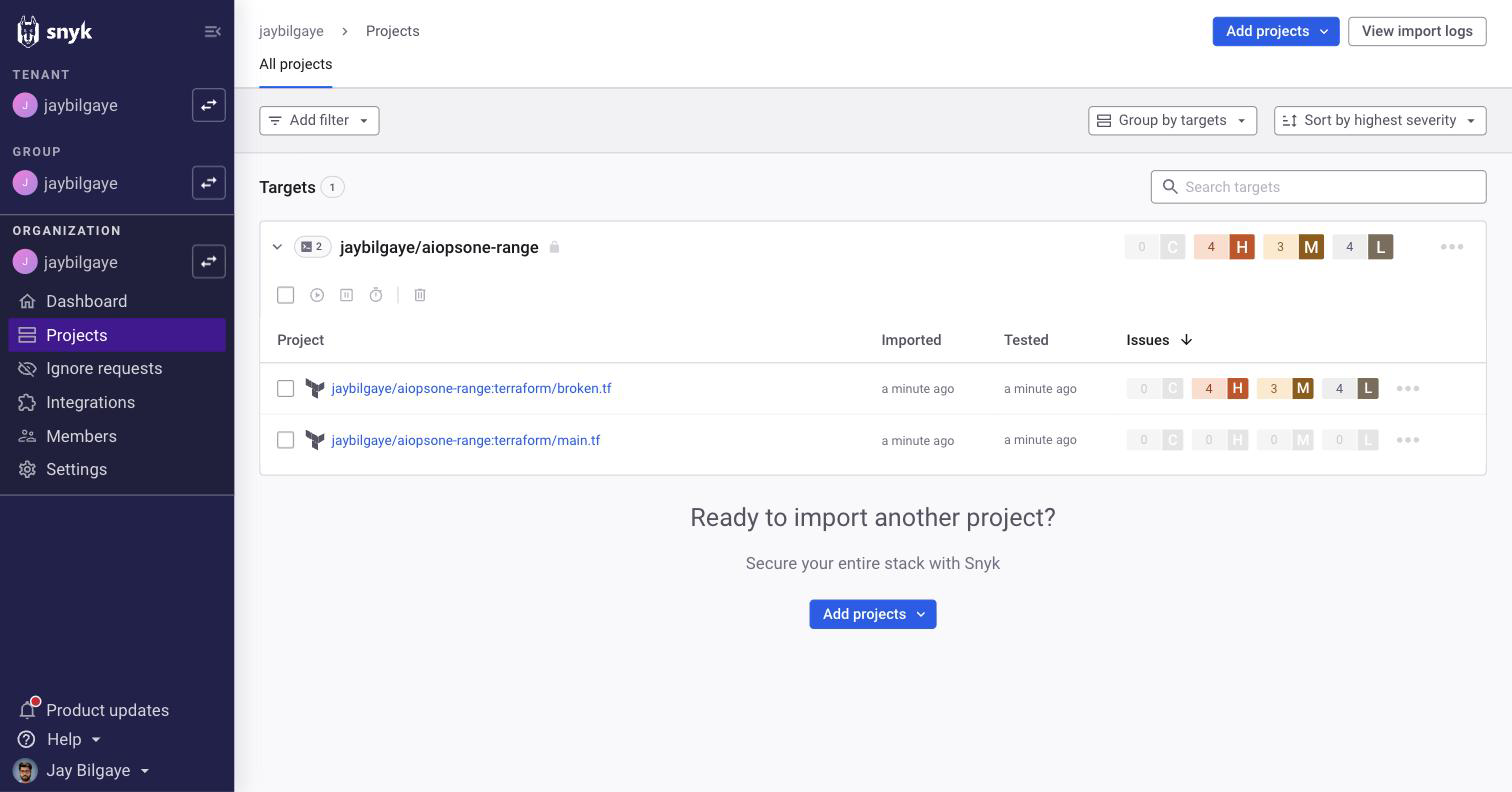 The Snyk web UI after --report, showing the aiopsone-range target with two projects — terraform/broken.tf carrying 4 high, 3 medium and 4 low issues, terraform/main.tf clean — each stamped with an imported and tested time