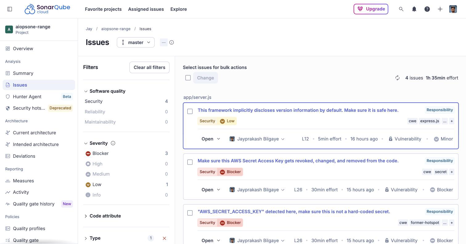 SonarCloud issues view for the Range showing 4 security vulnerabilities on app/server.js — three Blocker and one Low: the Express version disclosure, the hardcoded AWS Secret Access Key, and the reflected XSS